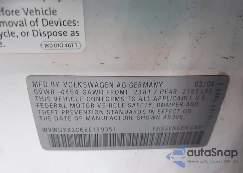 2008 Volkswagen Passat Turbo from USA, damaged, VIN WVWUK93C68E199351